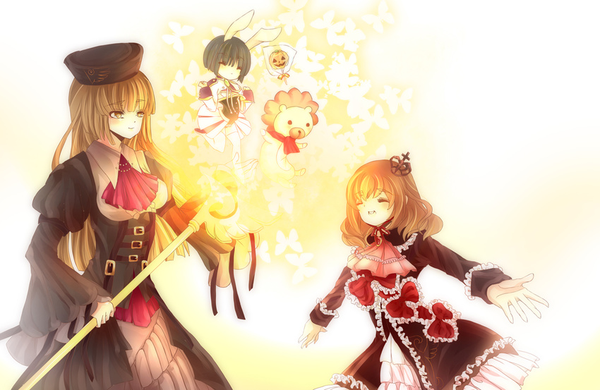 animal_ears bad_id bad_pixiv_id black_hair bow brown_eyes bug bunny_ears butterfly candy chiester556 chiester_sisters closed_eyes crown dress food forakana hat insect long_hair maria_(umineko) multiple_girls orange_hair rosa_beatrice sakutarou sash scarf short_hair staff umineko_no_naku_koro_ni ushiromiya_rosa