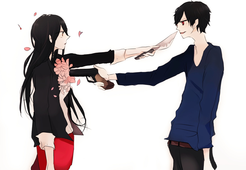 1girl couple durarara!! ek_ko flower gun hetero knife long_hair orihara_izaya red_eyes smile weapon yagiri_namie