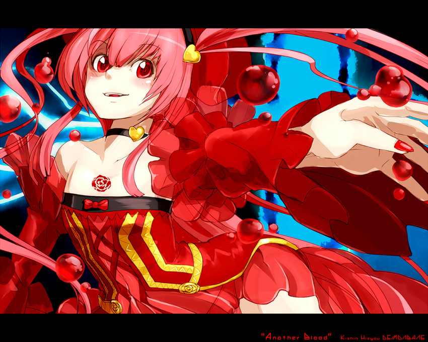 another_blood bare_shoulders blood choker demonbane detached_sleeves dress flat_chest letterboxed m.u.g.e.n nitroplus oso_(toolate) pink_hair red_eyes see-through solo tattoo