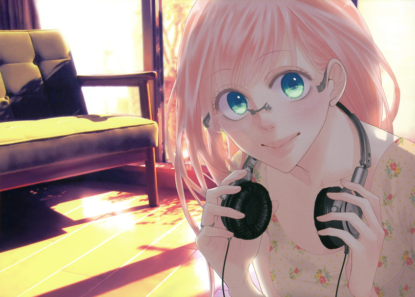 absurdres alternate_hairstyle aqua_eyes bespectacled glasses hands headphones headphones_around_neck highres jewelry just_be_friends_(vocaloid) lips long_hair megurine_luka pink_hair ring smile solo vocaloid yunomi_(yunomi_imonuy)