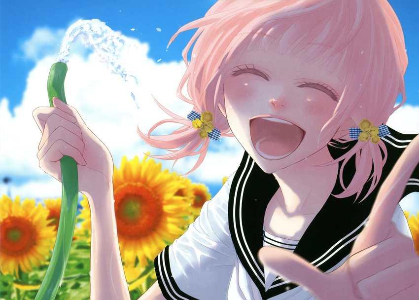 absurdres alternate_hairstyle blush closed_eyes cloud day flower happy heart highres hose just_be_friends_(vocaloid) laughing megurine_luka pink_hair pointing school_uniform serafuku short_hair sky smile solo sunflower twintails vocaloid water yunomi_(yunomi_imonuy)