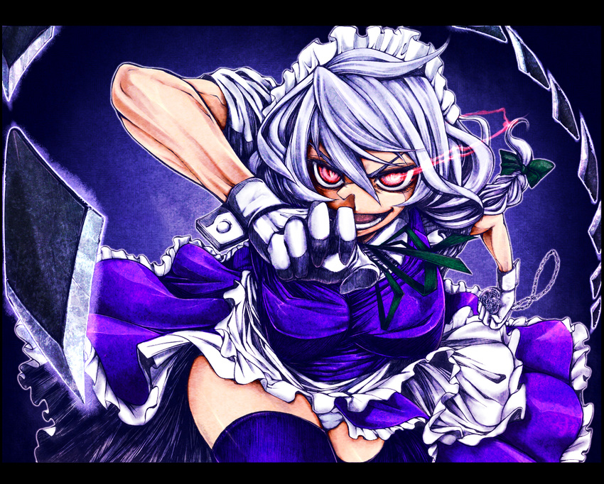 blade braid breasts cleavage colorized frills gloves glowing glowing_eyes headdress impossible_clothes impossible_shirt izayoi_sakuya large_breasts ledjoker07 maid pocket_watch red_eyes shirt silver_hair solo thighhighs touhou uousa-ou watch zettai_ryouiki
