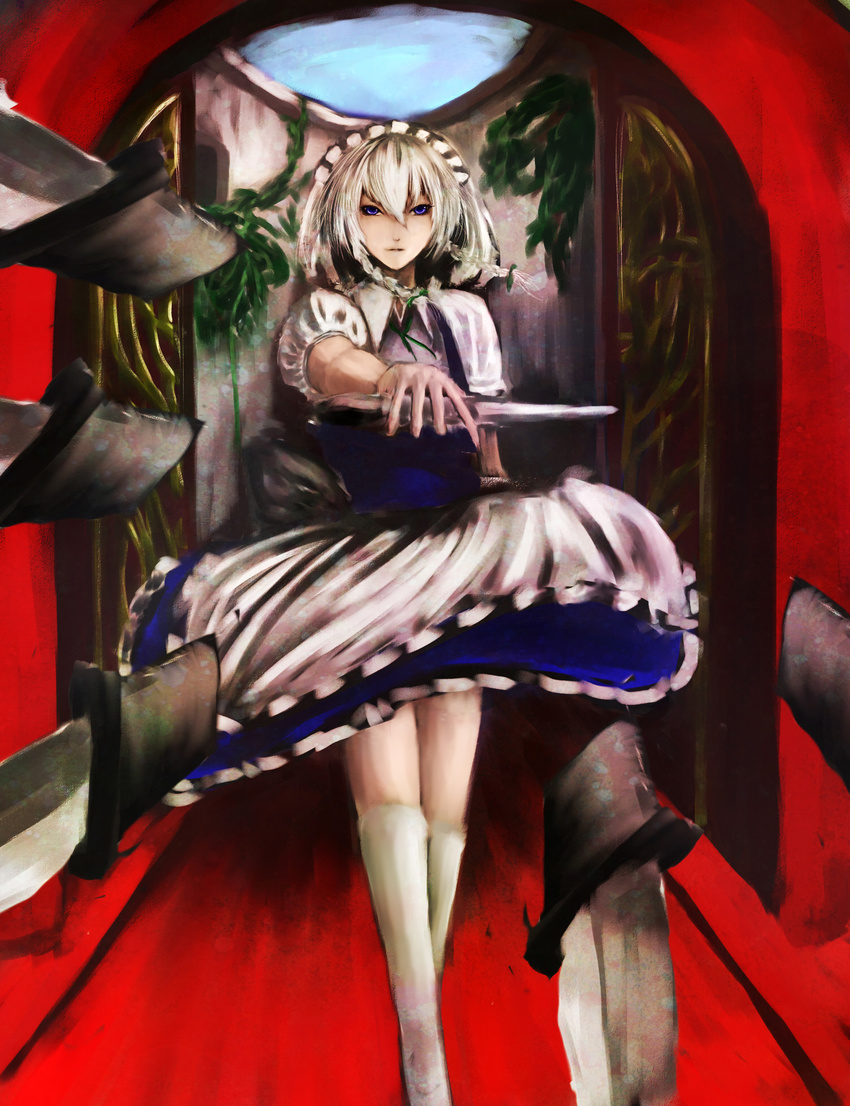 braid highres izayoi_sakuya kami_amane_kurohime knife short_hair silver_hair solo touhou twin_braids