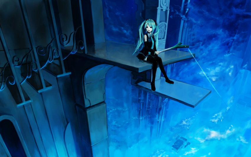 absurdres aqua_eyes aqua_hair blue detached_sleeves fishing hatsune_miku highres long_hair necktie night night_sky scenery sitting skirt sky smile solo spring_onion stairs tera_l themed_object thighhighs twintails very_long_hair vocaloid