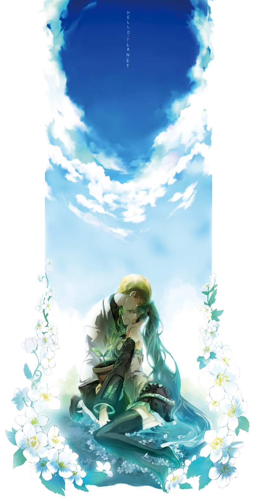 1girl absurdres aqua_hair blonde_hair cloud day detached_sleeves hatsune_miku hello_planet_(vocaloid) highres hug long_hair long_image niconico plant pot rahwia sitting skirt sky smile tall_image tears thighhighs twintails very_long_hair vocaloid zettai_ryouiki