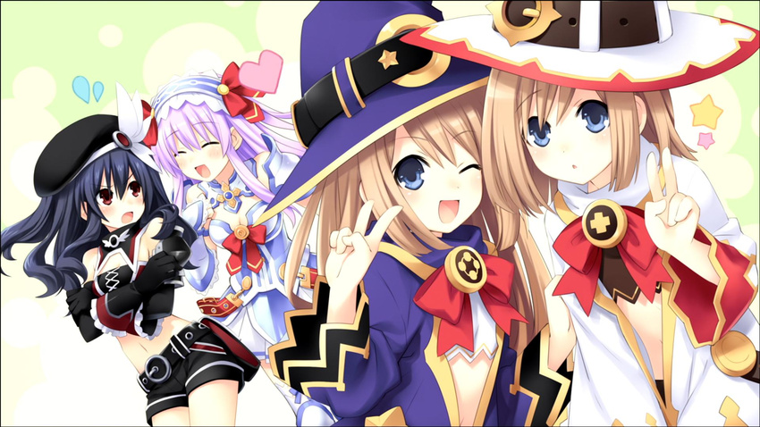 4girls black_hair black_sister blue_eyes breasts brown_hair choujigen_game_neptune choujigen_game_neptune_mk2 cleavage compile_heart hat highres idea_factory long_hair midriff multiple_girls nepgear neptune_(series) purple_hair purple_sister ram_(choujigen_game_neptune) red_eyes rom_(choujigen_game_neptune) siblings twins uni_(choujigen_game_neptune) v white_sister_ram white_sister_rom wink