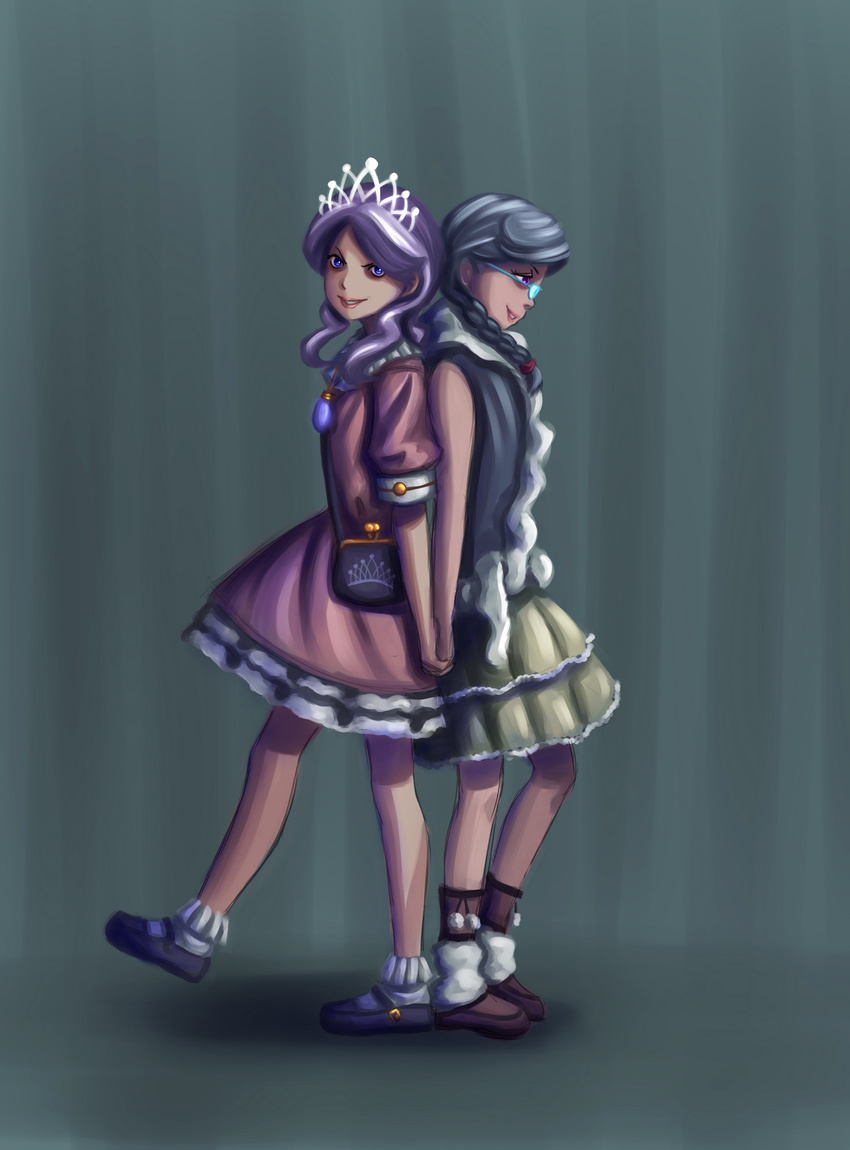 2girls back-to-back bad_deviantart_id bad_id bag blue_eyes braid diamond_tiara dress evil_grin evil_smile glasses grin handbag highres holding_hands jewelry leg_warmers multiple_girls my_little_pony my_little_pony_friendship_is_magic necklace personification purple_eyes purple_hair shoes silver_hair silver_spoon smile tiara