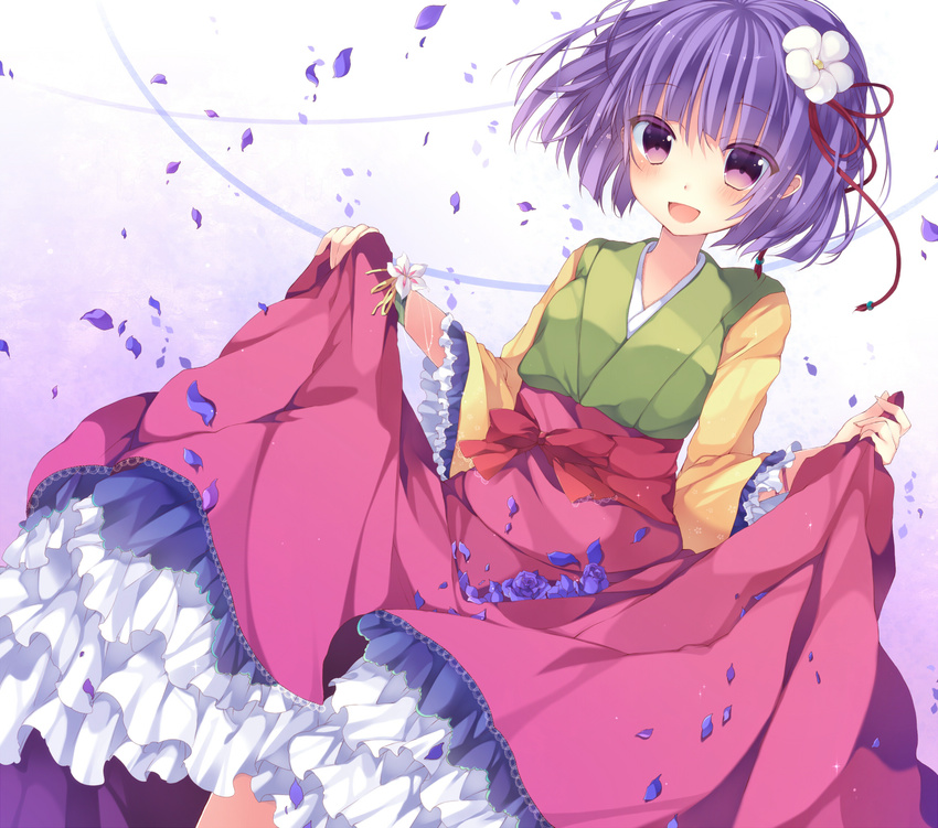 :d :o bad_id bad_pixiv_id blue_flower blue_rose blush dress dress_lift dutch_angle flower frills from_below gathers hair_flower hair_ornament hieda_no_akyuu highres japanese_clothes kimono kisaragi_kiriha looking_at_viewer open_mouth petals purple_eyes purple_hair red_ribbon revision ribbon rose sash short_hair skirt_basket smile solo touhou