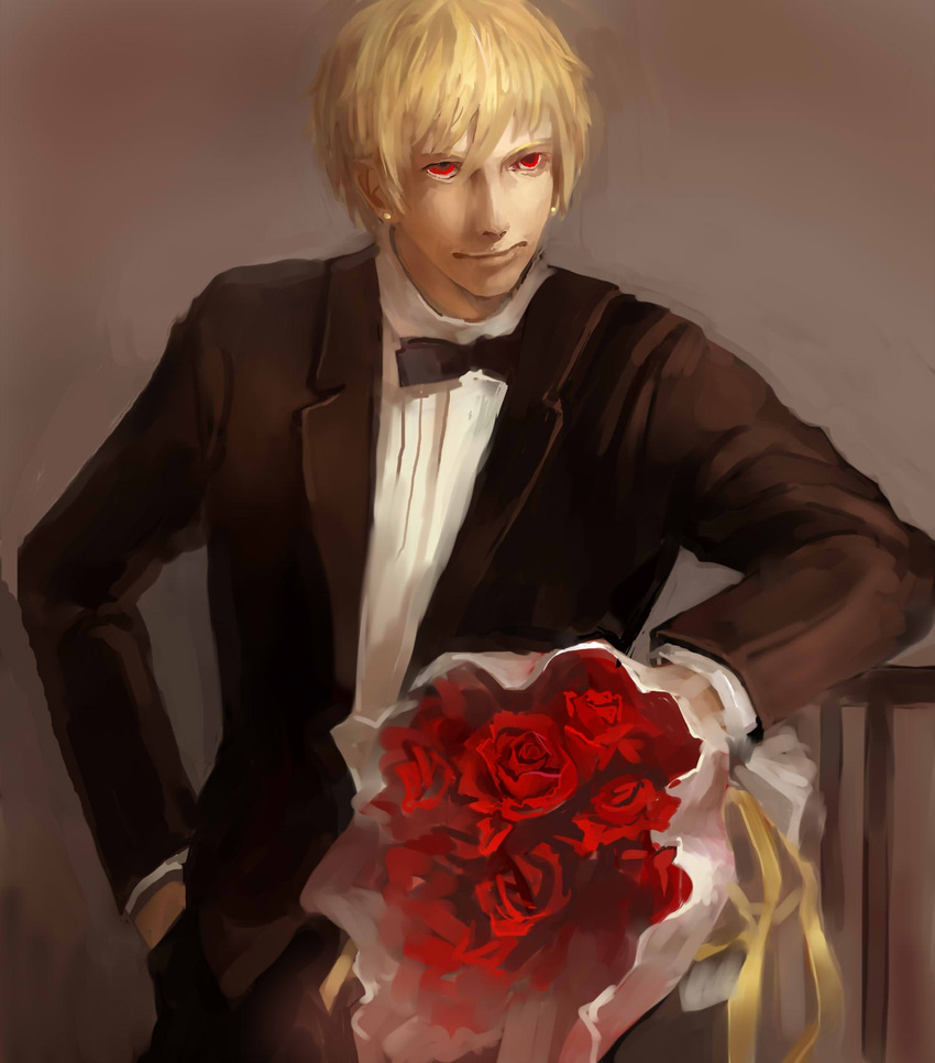 bad_id bad_pixiv_id blonde_hair bouquet bow bowtie fapple fate/stay_night fate_(series) flower formal gilgamesh highres male_focus red_eyes solo suit