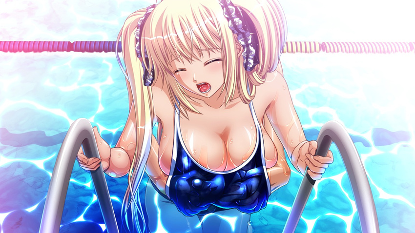blonde_hair blush breast_grab breasts cleavage eyes_closed from_behind grabbing hand_under_clothes hands_under_clothes hands_under_clothing huge_breasts kyonyuu_majo one-piece_swimsuit open_mouth pleasure_face pool saliva swimsuit tenma_cecile tongue twintails waffle wet