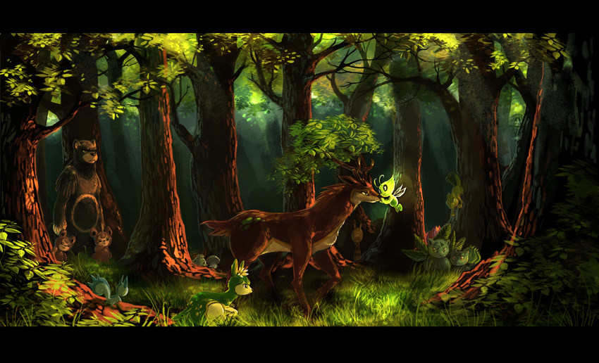 bulbasaur celebi deer deerling foongus forest gen_1_pokemon gen_2_pokemon gen_3_pokemon gen_4_pokemon gen_5_pokemon grass highres ivysaur nature no_humans pachirisu pokemon pokemon_(creature) sawsbuck shroomish teddiursa tree treecko tuooneo ursaring