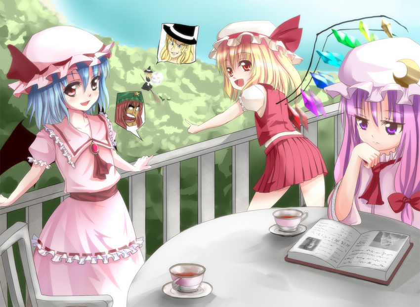 billy_herrington book broom broom_riding canae0 child crossdressing cup female flandre_scarlet flat_chest forest fujoshi gachimuchi_pants_wrestling genderswap hat hong_meiling kirisame_marisa male nature patchouli_knowledge pointing railing reading remilia_scarlet table tea teacup touhou translated wings witch witch_hat