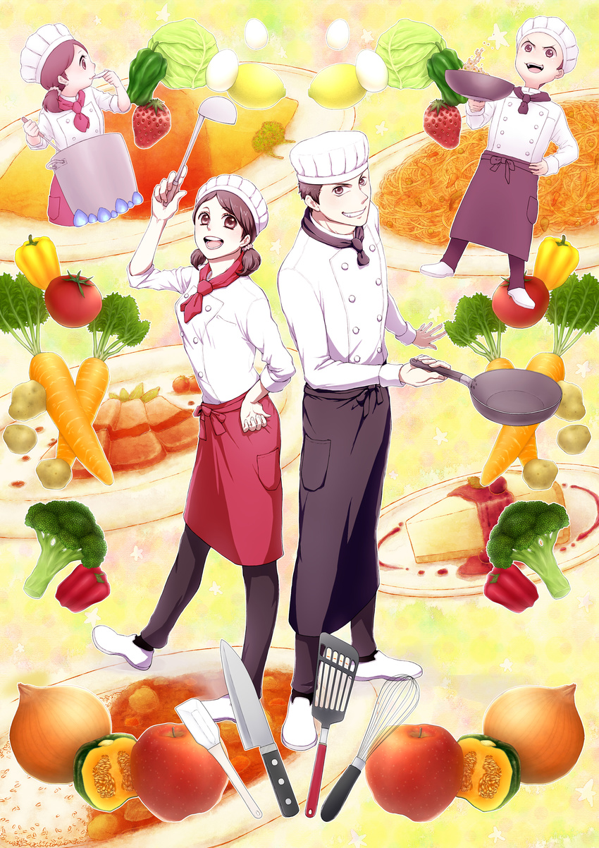 1girl absurdres apple apron bell_pepper broccoli brown_eyes brown_hair cake carrot chef chef_hat chef_uniform copyright_request curry egg food fruit frying_pan grin hand_on_hip hat highres knife ladle lettuce meat nari830 noodles omelet onion pepper potato rice short_hair sleeves_rolled_up smile spatula strawberry tomato toque_blanche twintails