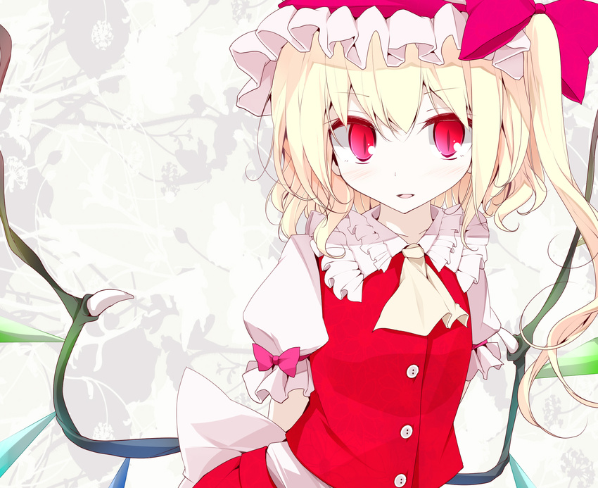 arms_behind_back blonde_hair blush buttons embellished_costume flandre_scarlet frills hat hat_ribbon highres looking_at_viewer oouso open_mouth red_eyes ribbon shirt side_ponytail smile solo touhou wallpaper wings