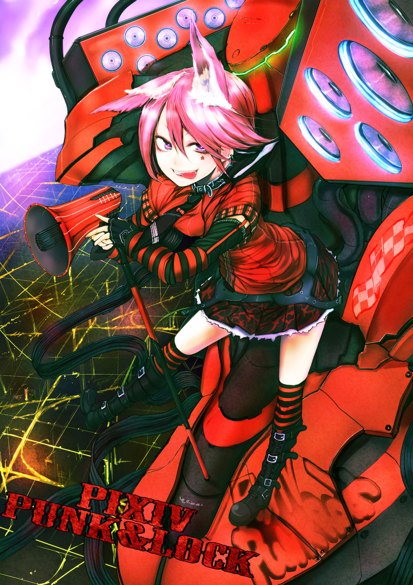 :p absurdres animal_ears bad_id bad_pixiv_id boots cable copyright_name detached_sleeves earrings fingerless_gloves gloves grin highres jewelry knee_boots mecha megaphone necktie pink_eyes pink_hair pixiv_punk_and_rock punk short_hair sigama skirt smile solo striped striped_legwear thighhighs tongue tongue_out