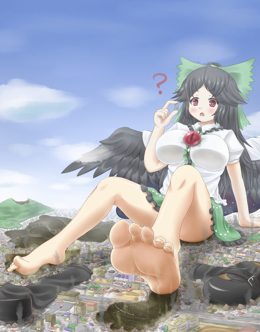? aonagi_ibane bare_legs barefoot black_hair blush bow breasts building bus cape car censored city cloud convenient_censoring day destruction feet foreshortening giantess ground_vehicle hair_bow highres holding_up house large_breasts long_hair motor_vehicle open_mouth red_eyes reiuji_utsuho ruins shirt shoes_removed sitting skirt skyscraper smoke soles solo third_eye toes touhou train upskirt