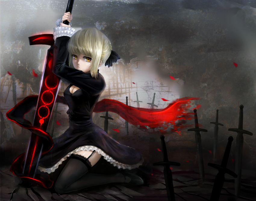 artoria_pendragon_(all) blonde_hair breasts cleavage dark_excalibur dress fate/hollow_ataraxia fate/stay_night fate/unlimited_codes fate_(series) field_of_blades garter_straps gothic_lolita kneeling lolita_fashion medium_breasts planted_sword planted_weapon saber_alter solo sword thighhighs weapon windtalker yellow_eyes