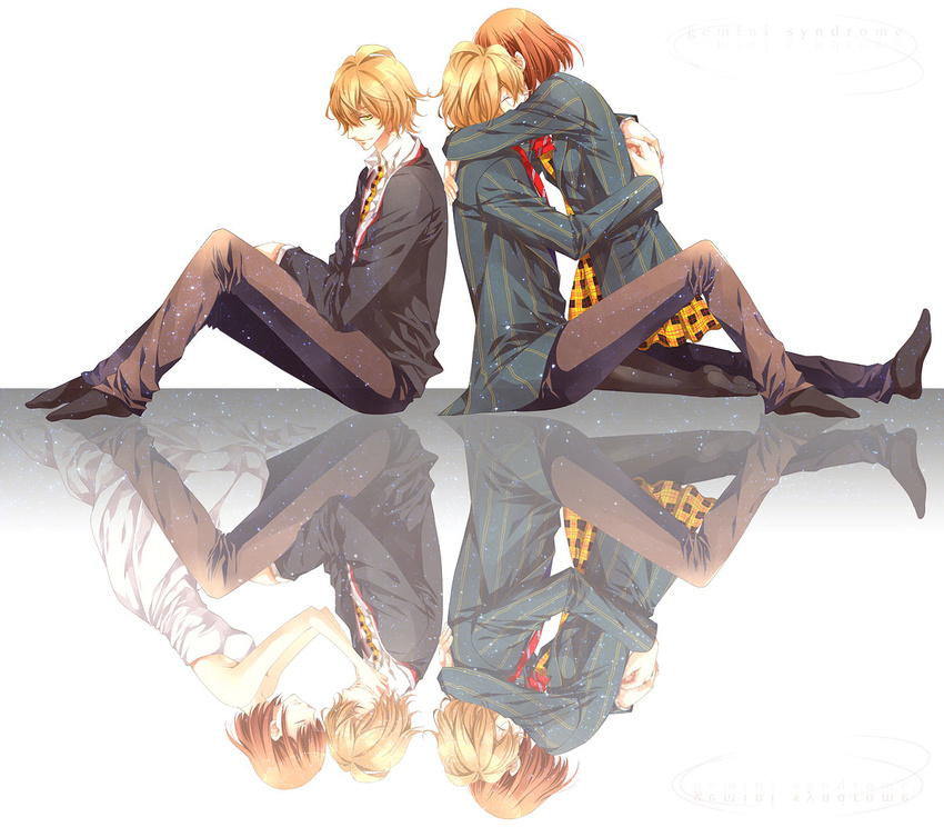 2boys blazer blonde_hair closed_eyes different_reflection dress glasses hug jacket konu0110 multiple_boys nanami_haruka necktie orange_hair plaid plaid_skirt reflection school_uniform shinomiya_natsuki shinomiya_satsuki short_hair sitting skirt smile spoilers uta_no_prince-sama yellow_eyes