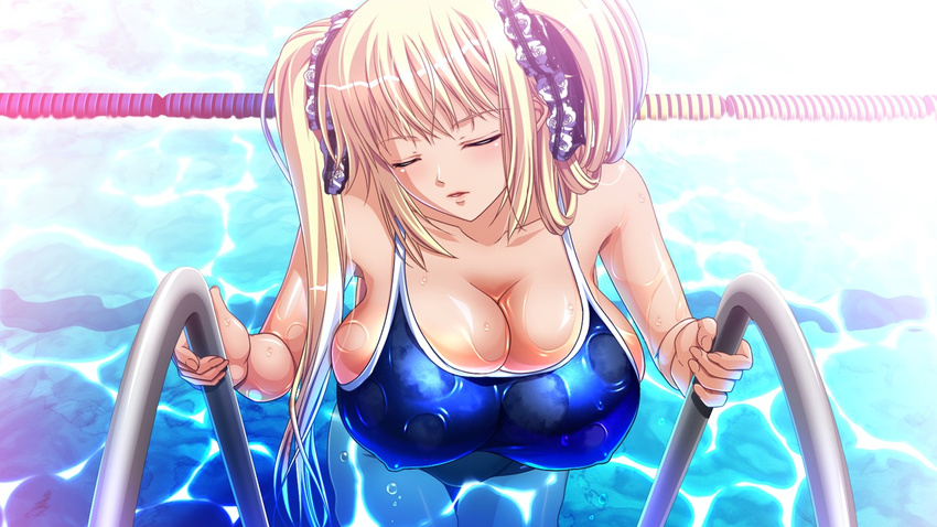 blonde_hair breasts cleavage erect_nipples eyes_closed huge_breasts kyonyuu_majo one-piece_swimsuit pool swimsuit tenma_cecile twintails waffle wet