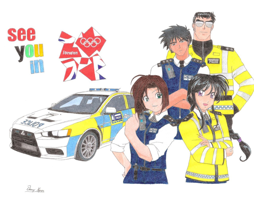 2girls black_hair braid brown_hair car green_eyes ground_vehicle high_visibility_jacket kirayamatofan kobayakawa_miyuki london long_hair mitsubishi_lancer_evolution mitsubishi_motors motor_vehicle multiple_girls nakajima_ken olympics police police_car police_uniform policewoman purple_eyes short_hair sunglasses toukairin_shouji traditional_media tsujimoto_natsumi uniform union_jack united_kingdom walkie-talkie you're_under_arrest