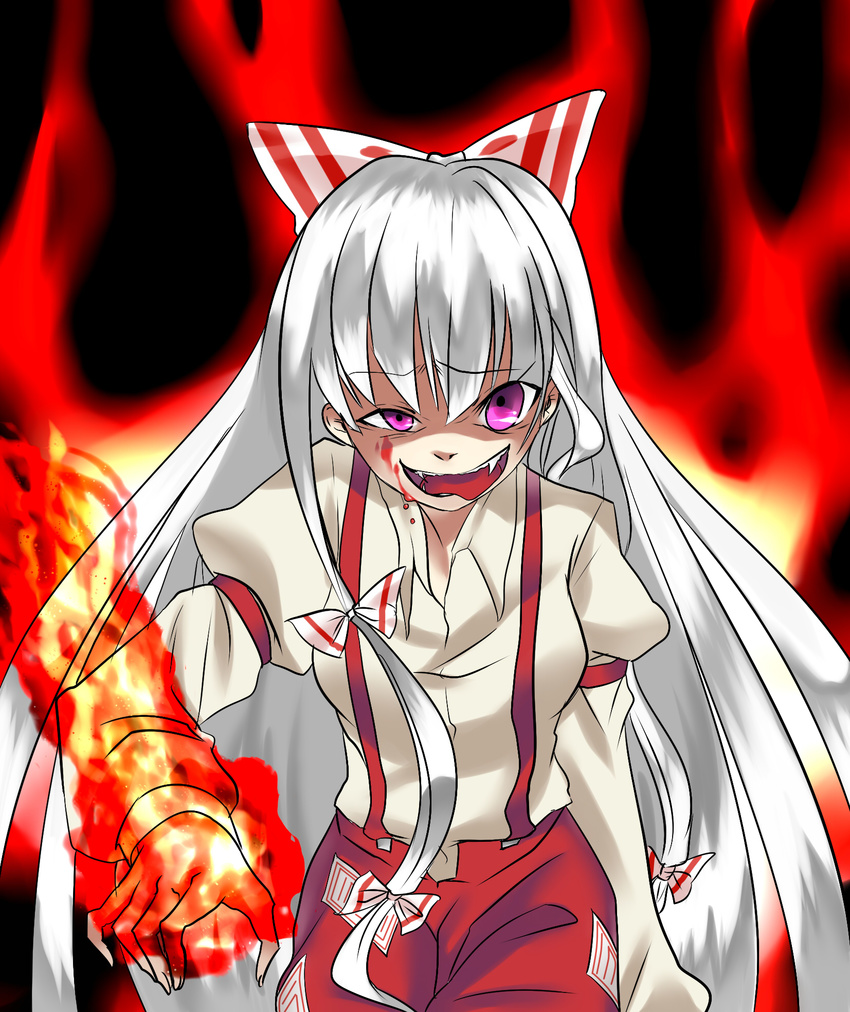 aura blood blood_on_face bow burning_hand crazy fangs fire fujiwara_no_mokou hair_bow highres long_hair long_sleeves purple_eyes red solo suspenders touhou white_hair