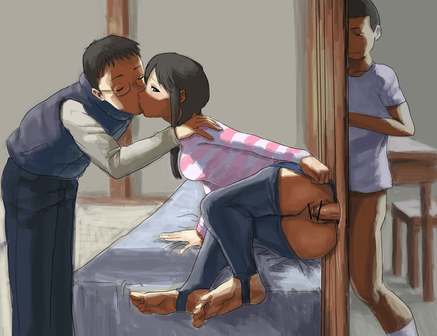 1girl 2boys artist_request ass bed black_hair censored cheating clothed_sex glasses glory_hole highres indoors kiss long_hair milf multiple_boys netorare ntr original penis sex short_hair source_request stealth_sex toeless_socks upskirt vaginal