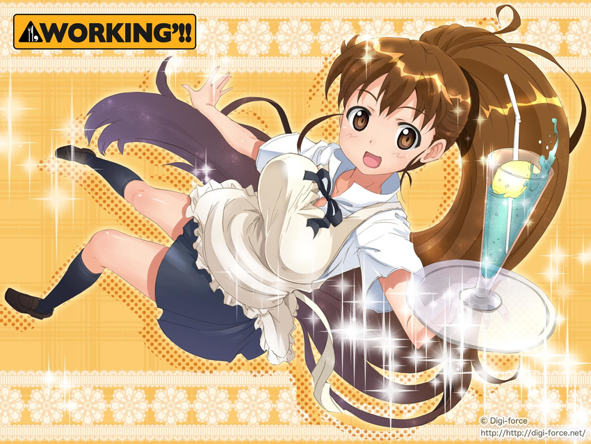 apron breasts brown_eyes brown_hair drinking_straw glass highres kimura_shigetaka long_hair medium_breasts solo sparkle taneshima_popura very_long_hair working!!