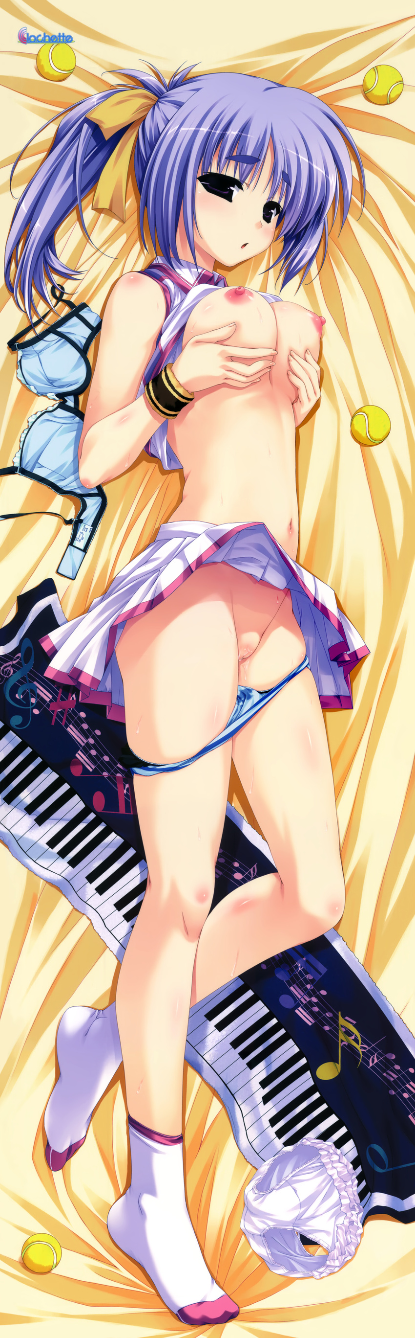 :o absurdres amatsu_misora_ni! ball beamed_sixteenth_notes blue_bra blue_eyes blue_hair blue_panties bow bra bra_removed breast_lift breasts dakimakura eyebrows full_body hair_bow hair_ribbon half_note highres huge_filesize instrument keyboard_(instrument) lingerie lying musical_note musical_note_print navel nipples no_bra on_side otonashi_kaho panties panties_removed panty_pull ponytail purple_eyes purple_hair pussy pussy_juice quarter_rest ribbon sharp_sign shintarou shirt_lift sixteenth_note skindentation skirt skirt_lift sleeveless small_breasts socks solo sportswear striped striped_panties sweat tennis_ball tennis_uniform treble_clef underwear wet wet_clothes wet_panties white_panties wristband