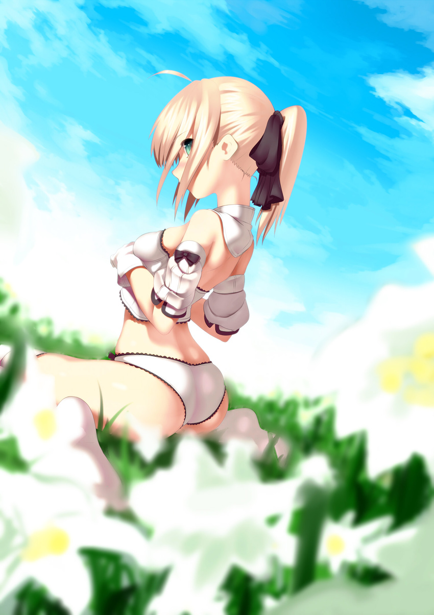ahoge artoria_pendragon_(all) ass back bad_id bad_pixiv_id bare_shoulders blonde_hair blurry bow depth_of_field fate/stay_night fate/unlimited_codes fate_(series) field flower flower_field grass green_eyes highres lily_(flower) looking_back no_pants no_shoes onsen_nakaya panties ponytail saber saber_lily sitting socks solo underwear wariza