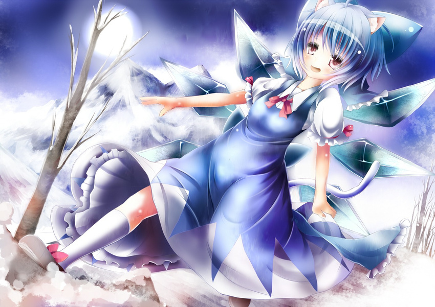 animal_ears blue_dress blue_hair blush bow cat_ears cat_tail cirno dress hair_bow kemonomimi_mode mountain open_mouth pink_eyes short_hair snow solo tail touhou tree umagenzin wings