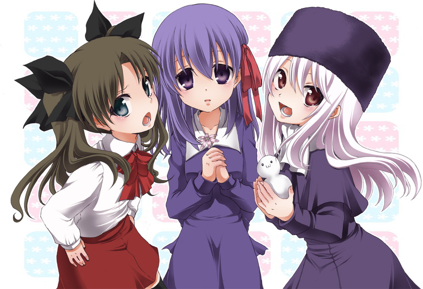 b-cat blue_eyes brown_hair child dress fate/zero fate_(series) flower hair_ribbon hat illyasviel_von_einzbern long_hair matou_sakura multiple_girls purple_eyes purple_hair purple_hat red_eyes ribbon snowman toosaka_rin twintails white_hair younger