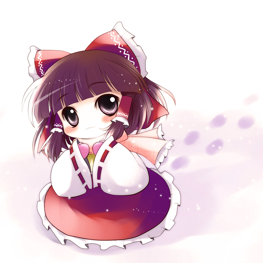 bow brown_hair chibi footprints gloves hair_bow hair_tubes hakurei_reimu highres scarf snow solo touhou yume_shokunin