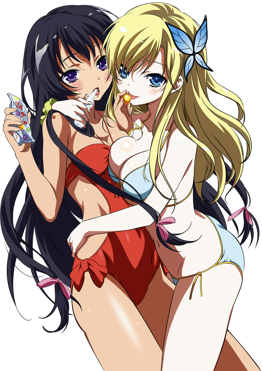 :p absurdres arm_around_neck asymmetrical_docking bare_shoulders bikini black_hair blonde_hair blue_bikini blue_eyes blush boku_wa_tomodachi_ga_sukunai breast_press breasts bug butterfly butterfly_hair_ornament candy casual_one-piece_swimsuit cleavage cloud extraction feeding food fujii_maki hair_ornament hand_on_hip highres hug incredibly_absurdres insect kashiwazaki_sena licking long_hair medium_breasts mikazuki_yozora multiple_girls navel ocean one-piece_swimsuit open_mouth purple_eyes red_swimsuit side-tie_bikini swimsuit tongue tongue_out transparent_background vector_trace very_long_hair yuri