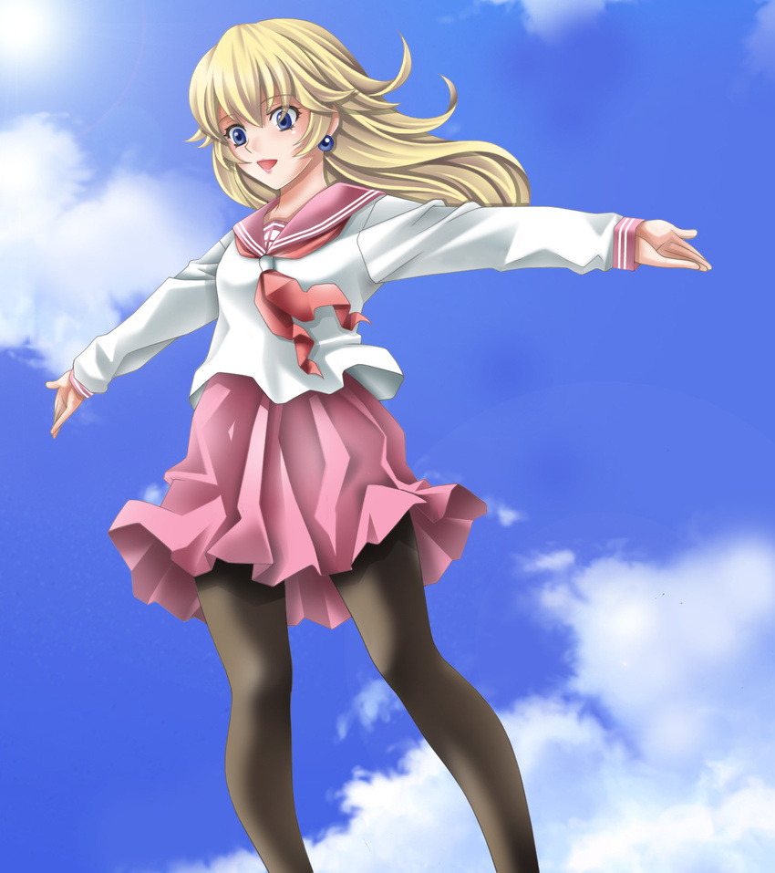 alternate_costume bad_id bad_pixiv_id black_legwear blonde_hair blue_eyes blue_sky cloud day earrings highres jewelry long_hair mario_(series) open_mouth pantyhose princess_peach school_uniform serafuku skirt sky super_mario_bros. tamamon