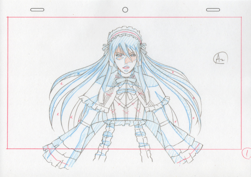 artist_request bow color_trace crossdressing dress frills gothic_lolita hairband highres lolita_fashion long_hair macross macross_frontier macross_frontier:_sayonara_no_tsubasa male_focus otoko_no_ko production_art saotome_alto sketch solo