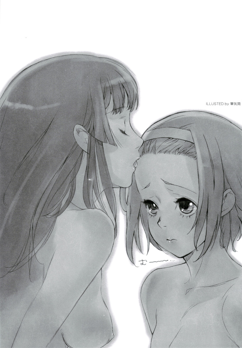 akiyama_mio branch_(blackrabbits) breasts closed_eyes forehead greyscale hairband highres k-on! licking long_hair medium_breasts monochrome multiple_girls nipples nude open_mouth scan short_hair tainaka_ritsu tongue yuri