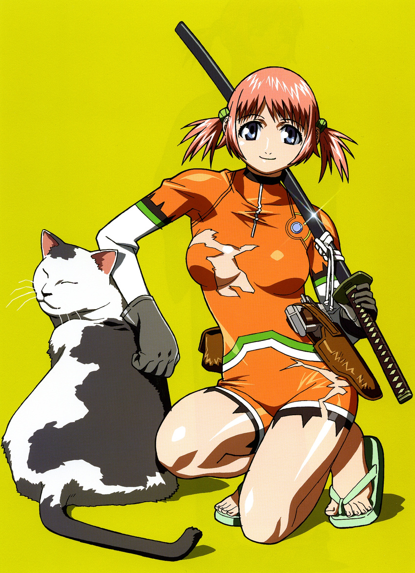 blue_eyes bodysuit breasts cat closed_eyes gloves gun hair_ornament hairclip highres katana large_breasts latex legs looking_at_viewer mezzo_danger_service_agency no_bra official_art orange_bodysuit pink_hair pose sandals shiny shiny_clothes shiny_skin short_hair skin_tight smile suzuki_mikura sword torn_clothes twintails umetsu_yasuomi weapon