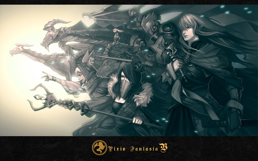 2boys animal_ears armor barding dragon fantasy katana letterboxed long_hair mask monochrome multiple_boys peach_(marslave) pixiv_fantasia pixiv_fantasia_5 robe staff sword weapon