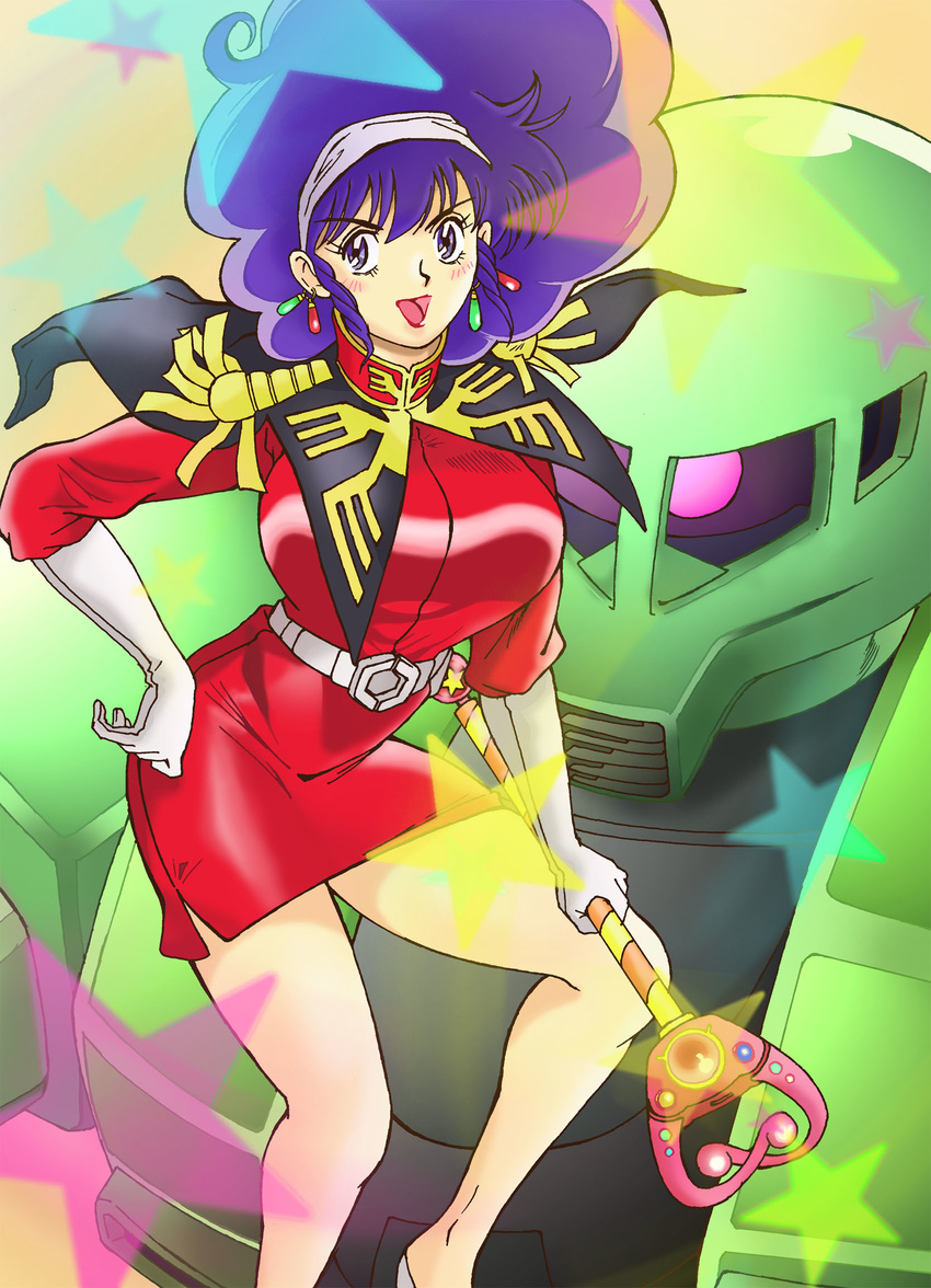 80s 90s belt blaster_mari blush breasts earrings futon_tataki gloves gundam hair_ornament hairband hand_on_hip highres jewelry kujira_gunsou large_breasts lipstick mahou_no_shoui_blaster_mari makeup md5_mismatch military military_uniform oldschool purple_eyes purple_hair solo star uniform wand zaku zaku_i zeon