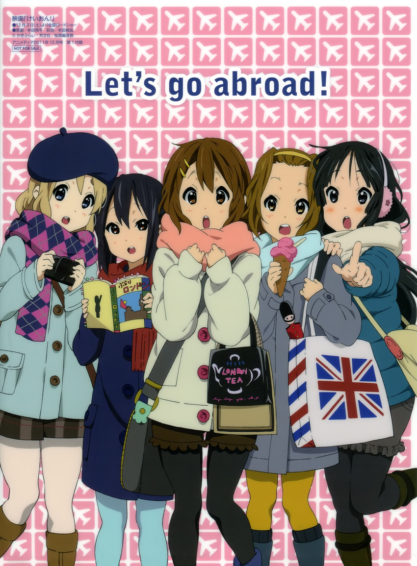 :o absurdres aircraft airplane akiyama_mio argyle argyle_scarf bag beret black_eyes black_hair black_legwear blonde_hair blue_eyes blue_legwear blue_scarf blush book boots brown_eyes brown_hair camera casual coat earmuffs english flag_print food hair_ornament hairband hairclip hat highres hirasawa_yui ice_cream k-on! k-on!_movie kotobuki_tsumugi long_hair multiple_girls muta_ryouhei nakano_azusa open_mouth orange_legwear orange_scarf pantyhose pointing pointing_at_viewer print_bag red_scarf scarf shopping_bag short_hair tainaka_ritsu union_jack