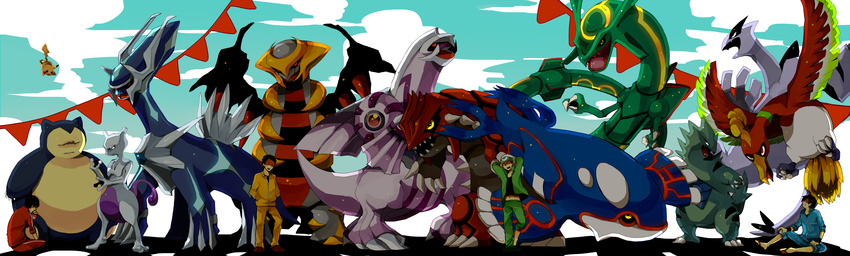 absurdres alternate_costume alternate_form bad_id bad_pixiv_id bird black_hair dialga fish gen_1_pokemon gen_2_pokemon gen_3_pokemon gen_4_pokemon giratina gold_(pokemon) grin groudon highres ho-oh holding holding_poke_ball kouki_(pokemon) kyogre legendary_pokemon long_image mewtwo multiple_boys no_hat no_headwear palkia pikachu poke_ball poke_ball_(generic) pokeathlon pokemon pokemon_(creature) pokemon_(game) pokemon_dppt pokemon_emerald pokemon_hgss pokemon_rgby pokemon_rse rayquaza red_(pokemon) red_(pokemon_rgby) shadow sitting sky smile snorlax tyranitar wide_image yuuichi_(bobobo) yuuki_(pokemon)