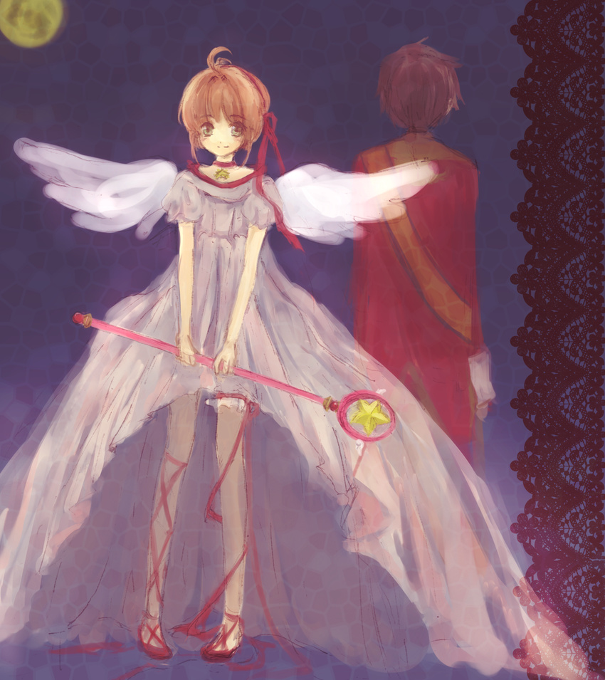 1girl ankle_lace-up back-to-back brown_hair cardcaptor_sakura choker cross-laced_footwear dress gown green_eyes highres hoshi_no_tsue kinomoto_sakura li_xiaolang magical_girl makura_(pillow) red_choker ribbon short_hair star star_choker wand wings