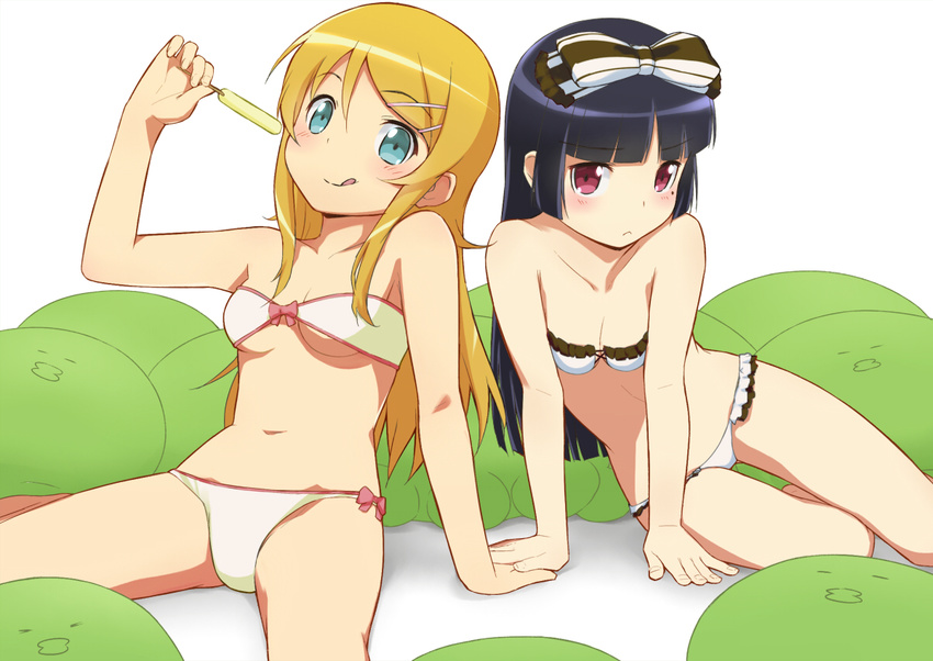 :&lt; :q arm_support bare_shoulders bikini black_hair blonde_hair blue_eyes blush bow food gokou_ruri hair_bow hair_ornament hairclip hime_cut kanna_asuke kousaka_kirino long_hair looking_at_viewer mole mole_under_eye multiple_girls ore_no_imouto_ga_konna_ni_kawaii_wake_ga_nai petite popsicle red_eyes sitting swimsuit tongue tongue_out