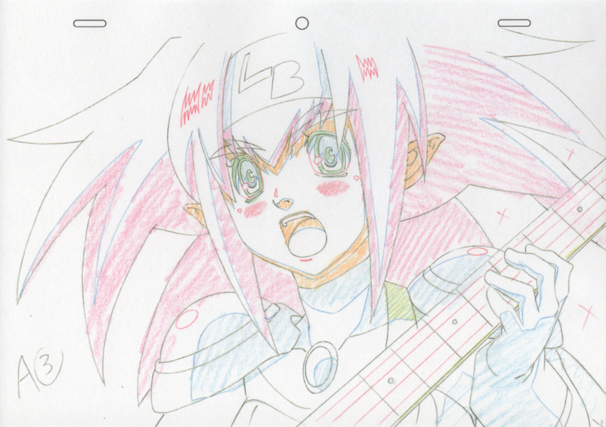 artist_request bass_guitar color_trace cosplay gloves headband highres instrument klan_klein long_hair macross macross_7 macross_frontier macross_frontier:_sayonara_no_tsubasa mylene_jenius parody pointy_ears production_art sketch solo spoilers