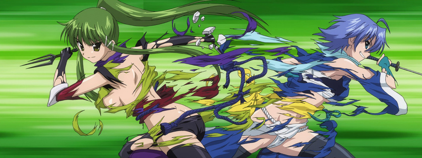 2girls ass blue_hair breasts fighting green_hair hattori_junko highres ichiban_ushiro_no_daimaou legwear long_image multiple_girls panties short_hair smile stockings teruya_eiko thighhighs torn_clothes underwear wide_image