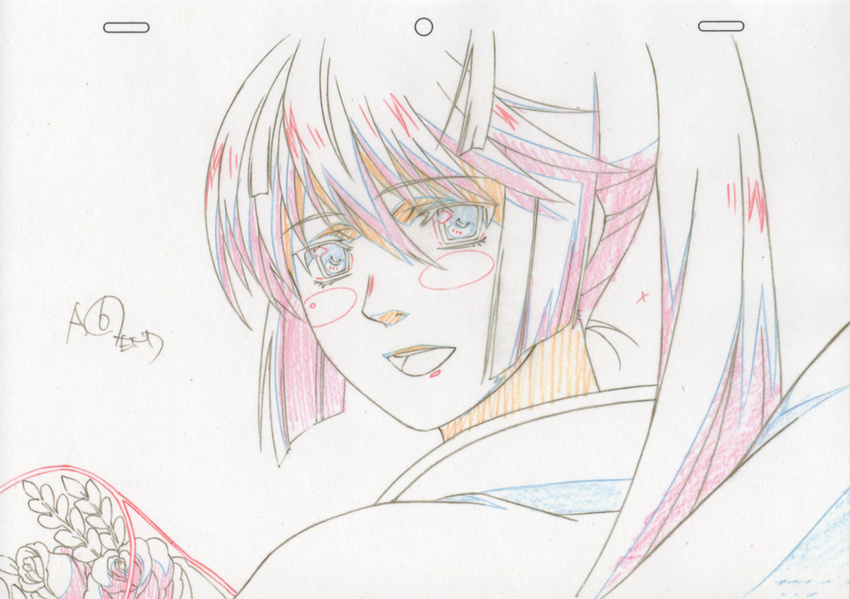 artist_request blush child color_trace flower highres long_hair macross macross_frontier macross_frontier:_sayonara_no_tsubasa male_focus ponytail production_art saotome_alto sketch solo