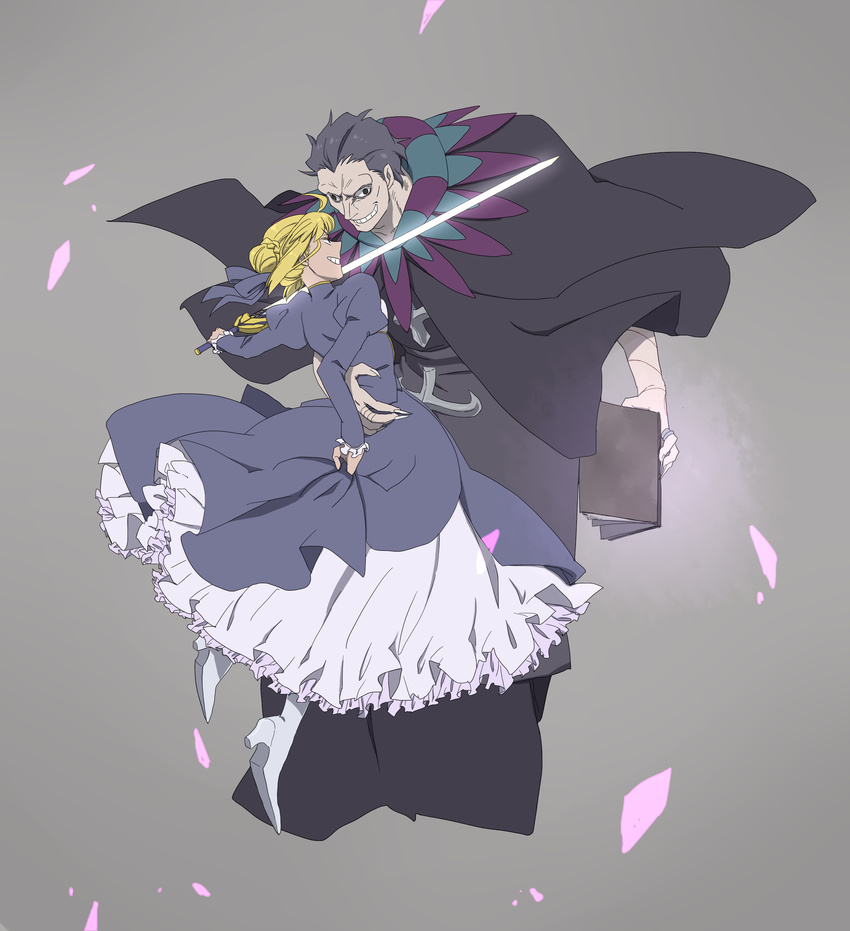 1girl absurdres ahoge artoria_pendragon_(all) battle blonde_hair blue_eyes book caster_(fate/zero) dress duel excalibur fate/zero fate_(series) flat_color glowing glowing_weapon hair_ribbon highres hin long_hair petals ribbon robe saber sword weapon