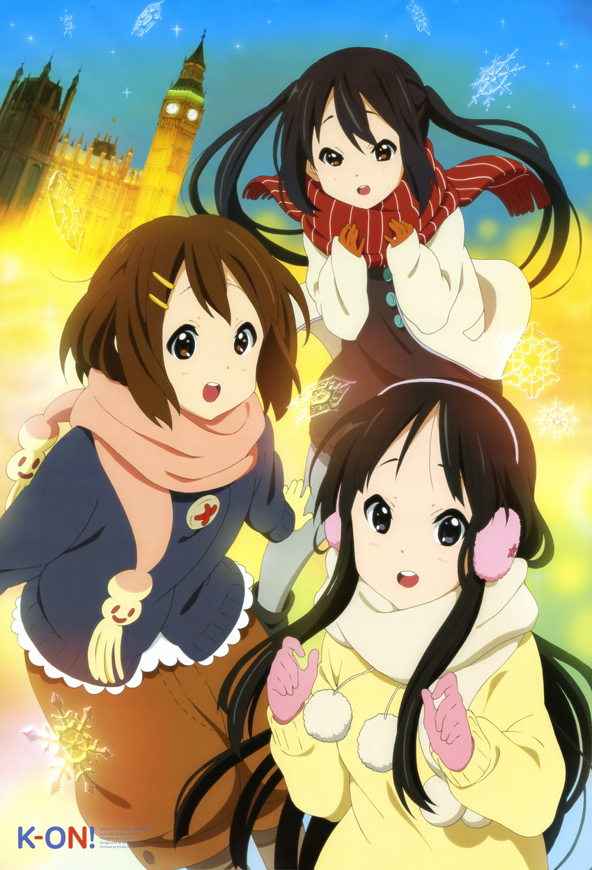 :o absurdres akiyama_mio animage black_eyes black_hair brown_eyes brown_hair casual clock clock_tower earmuffs elizabeth_tower gloves hair_ornament hairclip highres hirasawa_yui k-on! k-on!_movie landmark long_hair multiple_girls nakano_azusa non-web_source nonoue_midori official_art open_mouth pantyhose round_teeth scan scarf short_hair teeth tower twintails very_long_hair westminster_palace winter_clothes