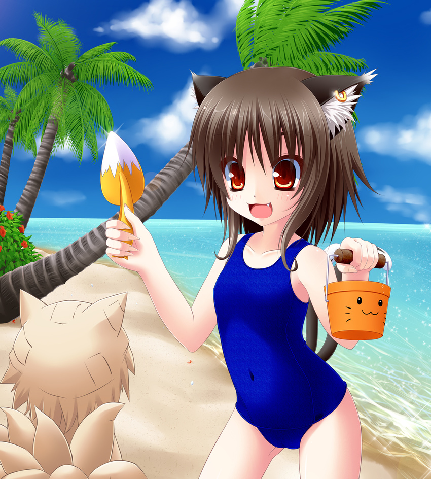 animal_ears anni_minto brown_hair bucket cat_ears chen coconut crab earrings fang highres jewelry ocean one-piece_swimsuit red_eyes sand_sculpture school_swimsuit solo swimsuit touhou trowel water yakumo_ran