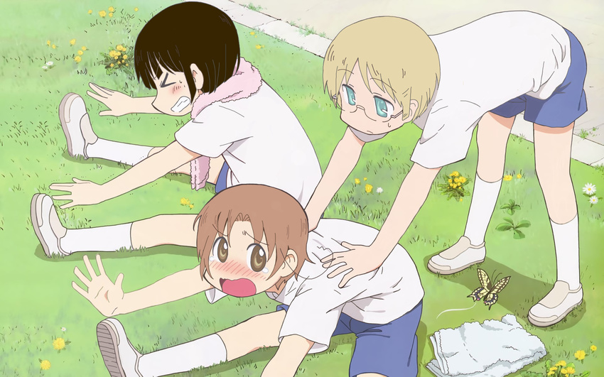 arawi_keiichi_(style) axis_powers_hetalia bad_id bad_pixiv_id black_hair blonde_hair blue_eyes blush brown_eyes brown_hair bug butterfly estonia_(hetalia) glasses gym_uniform highres insect japan_(hetalia) male_focus multiple_boys nichijou northern_italy_(hetalia) open_mouth parody style_parody tears towel